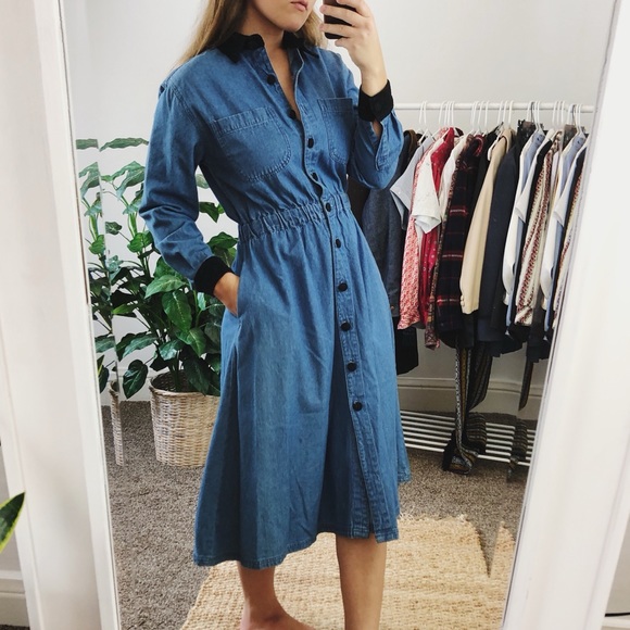 Vintage • Button Front Denim Midi Dress - Picture 3 of 8